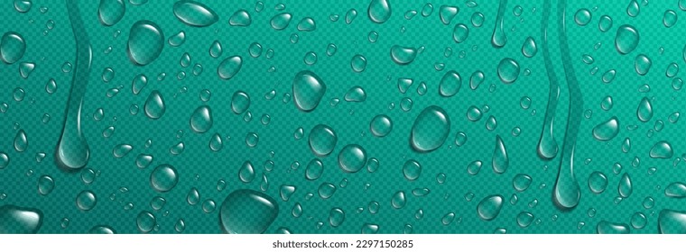 Realistic water drops on transparent turquoise surface. Vector illustration of rain droplets, dew bubbles, shower condensation drips, pure aqua blobs on wet glass. Abstract humid texture background