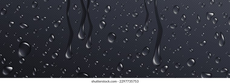 Realistic water drops on transparent black surface. Vector illustration of rain droplets, dew bubbles, shower condensation drips, pure aqua blobs on wet glass. Abstract humid texture background