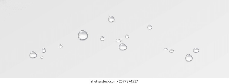 Realistic water drops on a transparent background. Drops of rain, condensation on the surface with reflection of light and shadow, vector png.