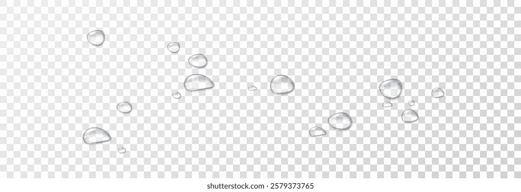 Realistic water drops on a transparent background. Drops of rain, condensation on the surface with reflection of light and shadow, vector png.
