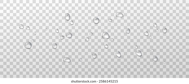 Realistic water drops on a transparent background. Drops of rain, condensation on the surface with reflection of light and shadow, vector png.