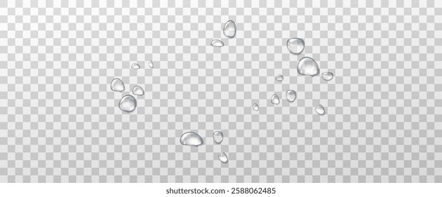 Realistic water drops on a transparent background. Drops of rain, condensation on the surface with reflection of light and shadow, vector png.