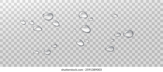 Realistic water drops on a transparent background. Drops of rain, condensation on the surface with reflection of light and shadow, vector png.