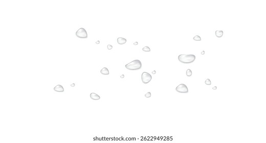 Realistic water drops on a transparent background, condensation on the surface with light reflection and shadow, vector, png, 3D effect.	