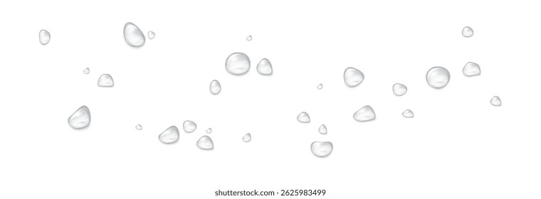 Realistic water drops on a transparent background. Drops of rain, condensation on the surface with reflection of light and shadow, vector png.