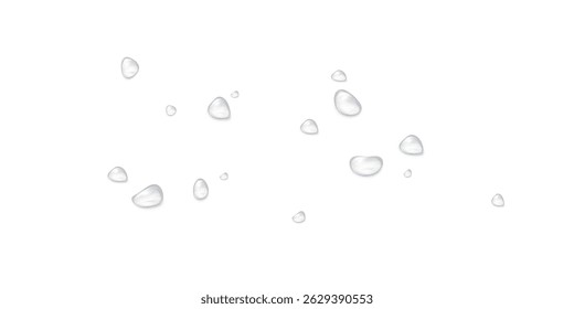 Realistic water drops on a transparent background. Drops of rain, condensation on the surface with reflection of light and shadow, vector png.
