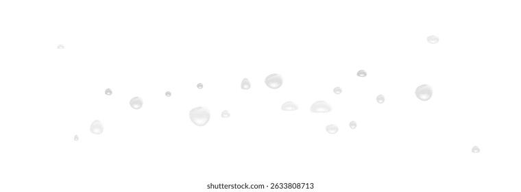 Realistische Wassertropfen auf transparentem Hintergrund. Regentropfen, Kondensation an der Oberfläche mit Reflexion von Licht und Schatten, Vektorsymbol.
