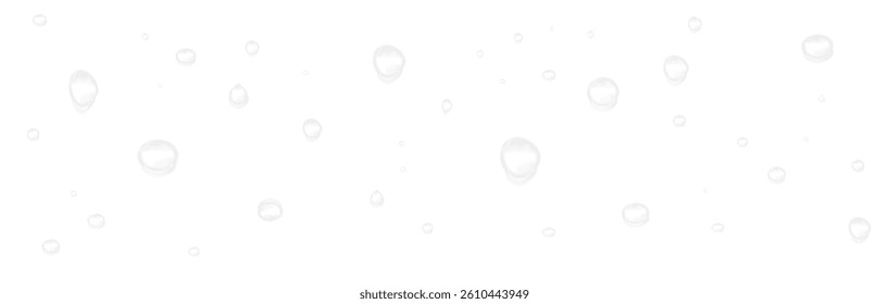 Realistic water drops in PNG format. Transparent condensation on glass, fresh dew, and detailed water bubbles. Abstract droplets and splash effects on a clear background. Digital liquid design.