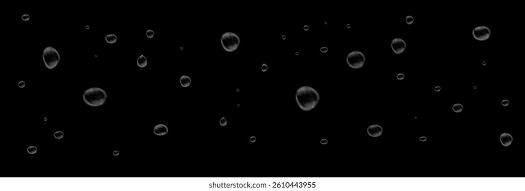 Realistic water drops in PNG format. Transparent condensation on glass, fresh dew, and detailed water bubbles. Abstract droplets and splash effects on a clear background. Digital liquid design.