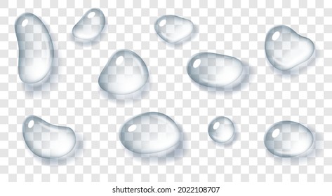 Realistic water drops pure and clear on transparent background isolated. Set of clean droplets of different shapes from rain or condensation. 3d vector illustration