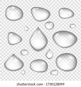 Realistic water drops. Rain. Splash of transparency liquid. Set of crystal clear bubble droplets. 3d rain drops are shown.