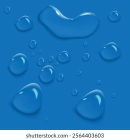 Realistic water drops scattered across a smooth surface, creating a refreshing and natural background. Perfect for designs evoking purity, freshness, and tranquility.