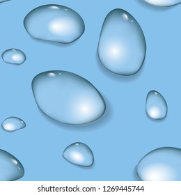 Realistic Water Drops Seamless Pattern on Light Blue Background. Vector illustration.