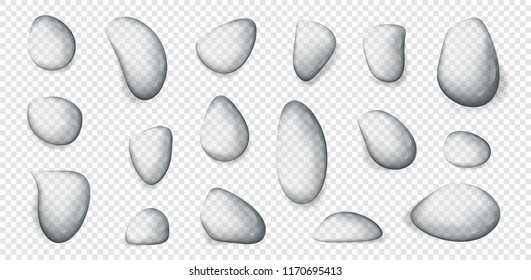 Realistic water drops set isolated on transparent background.  Simple design. Beautiful background. Vector illustration.