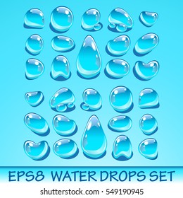 Realistic water drops set. Useful for aqua icons. Vector EPS8 illustration. No transparent objects