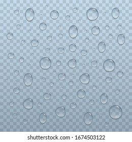 Realistic water drops. Splash droplet on transparent background. Raindrops on window surface. Realistic liquid dew on tile. Condensation effect. Pure water drops isolated. vector illustration