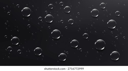Fondo realista del Vector de las gotas de agua creado con los Gradientes de la malla en superficie negra. Burbujas líquidas transparentes brillantes con suaves reflejos de luz para cosméticos, cuidado de la piel, lujo y diseño abstracto.