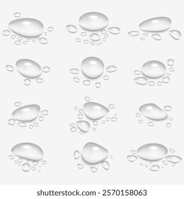 Realistic Water Drops: Vector Illustration of Condensate, Dew, Cosmetic Gel, or Oil Droplets on Wet Transparent Surface. Perfect Design Elements for Skin Care, Shower, or Bathroom Concepts