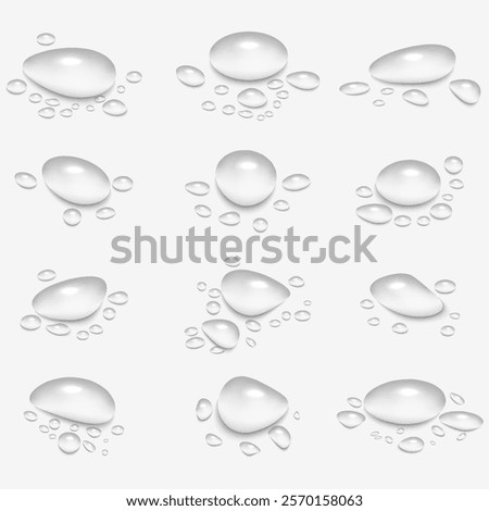 Realistic Water Drops: Vector Illustration of Condensate, Dew, Cosmetic Gel, or Oil Droplets on Wet Transparent Surface. Perfect Design Elements for Skin Care, Shower, or Bathroom Concepts