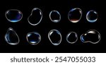Realistic water drops vector illustrations set. Glossy volume rounded aqua droplet. 3D glass liquid shape with holographic effect and glares isolated on black. Soap bubble with rainbow reflection