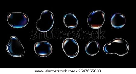Realistic water drops vector illustrations set. Glossy volume rounded aqua droplet. 3D glass liquid shape with holographic effect and glares isolated on black. Soap bubble with rainbow reflection