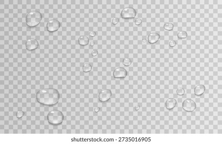 Realistic water drops vector set isolated on transparent background. Pure liquid droplets, rain or condensation on glass surface for design