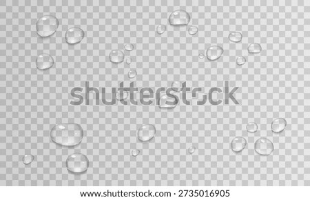Realistic water drops vector set isolated on transparent background. Pure liquid droplets, rain or condensation on glass surface for design