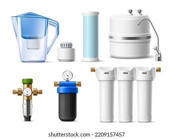 Realistic water filter. Drink cleaners, home water purification systems, spare cartridges, jug, flow and reverse osmosis, natural fresh pure aqua, 3d isolated elements, utter vector set