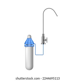 Realistic water filter with faucet, natural fresh aqua purification system 3d mockup. Isolated house water filter, purity, mineral filtration, activated carbon blocks. Vector illustration
