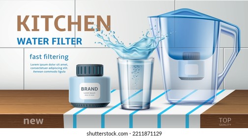 Realistic water filter poster. Kitchen home appliances, 3d jug with spare cassette and glass with splashes, natural pure aqua filtration and clearing, advertising banner, utter vector concept