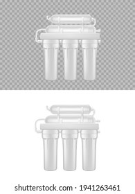 Realistic water filter, reverse osmosis natural fresh aqua purification system 3d vector mockup. Isolated undersink house water filter, purity, mineral filtration, granular activated carbon blocks