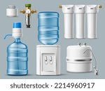 Realistic water filters. 3d home purification systems, cooler with plastic bottle, chrome faucet and spare cartridges, office drinking water treatment devices, utter vector isolated set