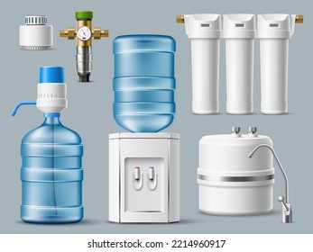 Realistic water filters. 3d home purification systems, cooler with plastic bottle, chrome faucet and spare cartridges, office drinking water treatment devices, utter vector isolated set