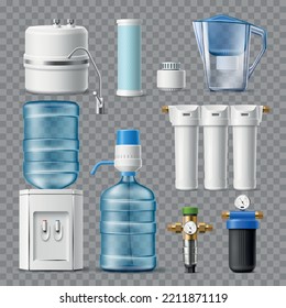 Realistic water filters. Different home drinking water treatment devices, office cooler and pump, spare cartridges, purification systems, jug with spare cassette, 3d utter vector set