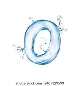 Realistic water font, letter O flow splash type, liquid aqua typeface, transparent wet english alphabet. Isolated vector abc character appears like a clear, liquid pool surface shimmers with ripples