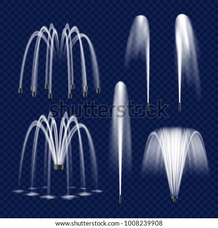 Realistic water fountain set. Vector illustration of fountains with water jets isolated on transparent background.