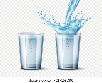 Realistic water glass. 3d transparent standard glasses. Cup with pure soda, pouring jet and splashes, flying drops and jets, air bubbles, blue liquid in dynamic motion, utter vector concept