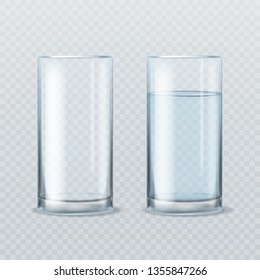 Realistic water glass. Empty and full of clean mineral healthy water realistic glasses beverage drink purity product isolated vector mockup