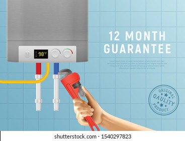 Realistic water heater boiler domestic plumbing advertising poster with human hand hot water tank and text vector illustration