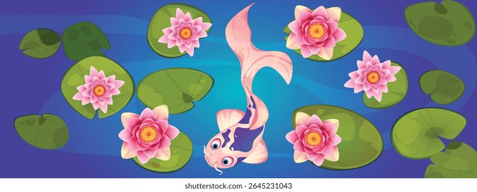 realistic water lilies, lotuses with golden, green, orange cartoon fish on the background of a river with green leaves.Isolated, close-up