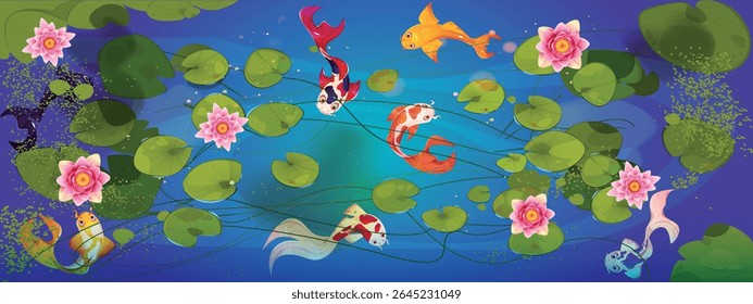 realistic water lilies, lotuses with golden, green, orange cartoon fish on the background of a river with green leaves.Isolated, close-up