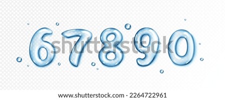 Realistic water number type in vector on transparent background. Isolated drop font with oil texture, splash and fluid effect. Jelly wet typography set. Glossy collection with aqua text.
