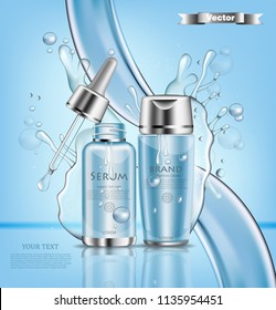 Realistic water serum and lotion Hydration cosmetic set Vector. Product packaging mock up. Blue silver bottles. Water splash backgrounds