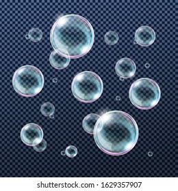 Realistic water soap or shampoo bubbles with rainbow reflection isolated on transparent background. 