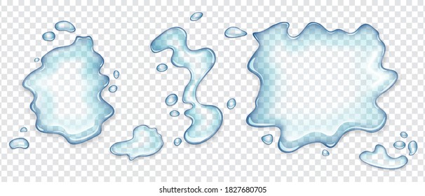 Realistic Water spill puddles top view set, aqua liquid splashes with scattered drops. Hydration spots elements with spray droplets isolated on transparent background, vector Illustration