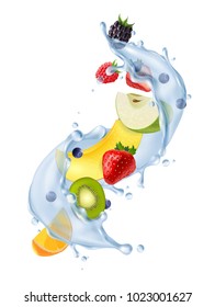 Realistic water splash in air with fresh strawberries citrus kiwi fruit segments refreshing detox drink vector illustration    