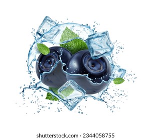 Realistic water splash with blueberry and ice cubes. 3d vector liquid swirl, isolated summer bilberry beverage. Fresh vitamin drink whirl with droplets and flying ripe juicy blue garden berry and mint