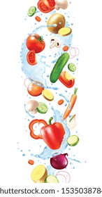 Realistic water splash composition of falling vegetables with slices and pure water drops on blank background vector illustration
