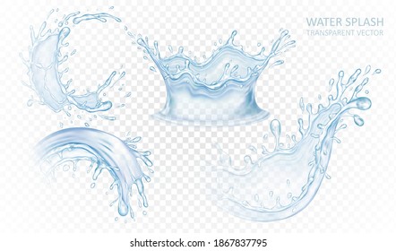 Realista salpicadura de agua aislada en un fondo transparente claro. Olas líquidas azules. Diseño de ilustración vectorial.