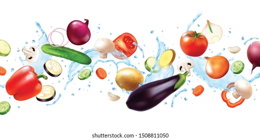 Composición horizontal con imágenes voladoras de frutas y rodajas enteras con gotas ilustraciones vectoriales